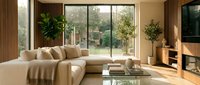 Spacious modern living room with cream sectional sofa, large windows overlooking garden, wooden accents, potted plants, and contemporary furnishings for interior design projects.