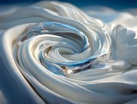 Swirling white cream texture with blue reflections creates dynamic spiral pattern, soft and smooth surface with glossy highlights for cosmetic and beauty backgrounds.