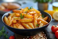 Penne pasta in creamy rose sauce garnished with fresh herbs served in black bowl, with cherry tomatoes and ingredients on rustic wooden table background.