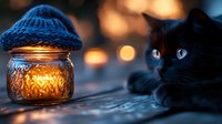 Cozy winter evening with black cat near glowing candle in decorative glass jar with knitted hat. Warm bokeh lights create magical atmosphere.