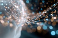 Abstract blurred background with glowing golden and blue bokeh lights creating magical sparkle effect, soft focus lens flare for festive or celebration designs.