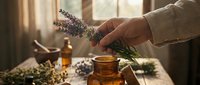 Person holding fresh lavender sprigs over amber glass bottle with essential oil, surrounded by dried herbs and botanicals on wooden table for aromatherapy and natural wellness.
