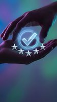 Hands protecting glowing checkmark with five stars representing quality assurance, customer satisfaction and premium service excellence in business.