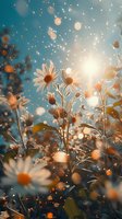 Dreamy summer daisies against turquoise sky with magical bokeh light effects and sun flare. Perfect for romantic greeting cards, wellness products, and inspirational designs.
