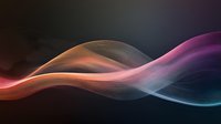 Ethereal flowing waves in orange, pink and blue create dynamic motion against dark background, abstract light trails blend in smooth gradient transitions.