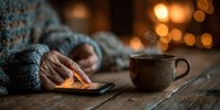 Cozy evening scene with hands holding smartphone near warm coffee cup and knitted blanket by fireplace creating hygge atmosphere for relaxation.