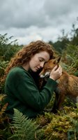 Young woman with curly red hair embracing red fox in natural forest setting. Wildlife conservation and human-animal bond concept for environmental campaigns.