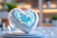 Glowing blue heart constellation enclosed in transparent glass heart on white pedestal with magical sparkles and bokeh lights creating romantic atmosphere.