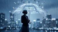 Businessman silhouette under digital umbrella with insurance policy icons and financial symbols protecting against risk in urban cityscape.