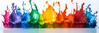 Vibrant rainbow colored paint splashes in sequence creating dynamic liquid art movement against white background, panoramic composition for creative design projects.