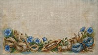 Vintage sewing border on linen texture with blue flax flowers, thread spools, needles, and twine, perfect for craft and needlework designs.