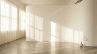 Empty minimalist room with large windows casting natural sunlight shadows on white walls and wooden floor for interior design projects.