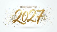 Golden Happy New Year 2027 text with scattered stars on white background, isolated and ready for greeting cards, invitations, and holiday design projects.