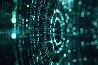 Abstract digital data visualization with glowing turquoise dots and numbers forming curved patterns against dark background, representing technology and connectivity.