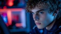 Young Caucasian male with curly hair in dramatic neon lighting against dark background, looking intensely at camera with blue eyes. Modern cyberpunk atmosphere.