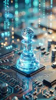 Futuristic chess pawn piece with digital network overlay on circuit board representing artificial intelligence strategy and technology innovation concepts.