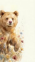 Watercolor brown bear portrait with wildflowers and artistic paint splashes on cream background for nature and wildlife themed designs.