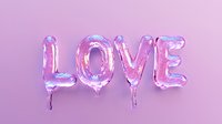 Holographic iridescent balloon letters spelling LOVE on pink background. Metallic foil balloons with rainbow reflections create romantic party decoration.