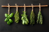 Fresh aromatic herbs hanging to dry on wooden stick against dark background, including basil, thyme, sage, oregano and rosemary bundles tied with twine.