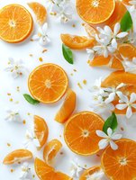 Fresh orange slices and segments with white citrus blossoms and green leaves on white background, creating bright composition for food or cosmetic design.