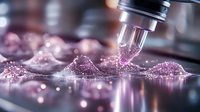 Microscopic view of pink glittering powder particles scattered on reflective surface with laboratory pipette dropper in soft focus creating artistic science pattern.