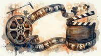 Vintage film reel with movie clapper board and filmstrip on watercolor background. Suitable for cinema, entertainment, media production, and movie industry projects.