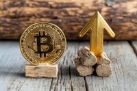 Golden bitcoin cryptocurrency coin with upward arrow symbol on rustic wooden background, representing digital currency market growth and investment.