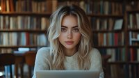 Young Caucasian woman with blonde wavy hair wearing beige sweater working on laptop in library or home office with bookshelves background, soft natural lighting creates cozy atmosphere.