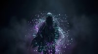 Mysterious hooded figure surrounded by glowing digital particles and neon lights in dark cyberpunk atmosphere for futuristic technology concepts.