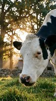 Holstein dairy cow grazing in pasture with golden sunlight filtering through trees creating warm bokeh effect for agricultural and farming content.