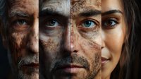 Dramatic portrait composition showing transformation from dirty and weathered face to clean and fresh appearance, highlighting contrast between rough and polished features.