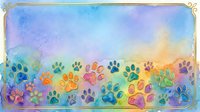 Colorful paw prints in rainbow hues arranged across a gradient watercolor background transitioning from blue to yellow, creating a cheerful, playful design suitable for pet-related projects and children's artwork.
