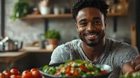 Young African American man smiling while holding fresh colorful vegetable salad in modern kitchen interior. Healthy eating and home cooking lifestyle concept.
