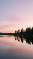 Serene lake at sunset with pink and purple sky reflecting on calm water, evergreen trees and cabin on shoreline, peaceful nature landscape for relaxation and travel themes.
