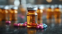 Medical glass vial with amber liquid medicine and colorful pharmaceutical pills scattered on dark surface, shallow depth of field with soft bokeh background.