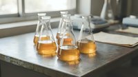 Amber liquid in laboratory glass flasks on stone table, scientific research and chemical testing setup for educational or industrial analysis purposes.