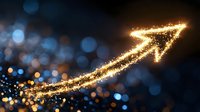 Glowing golden arrow made of sparkling particles rising upward against dark bokeh background, symbolizing growth, success and positive direction.