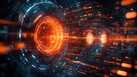 Futuristic digital tunnel with glowing orange energy core and holographic data streams, surrounded by technological grid patterns and particle effects in dark space.