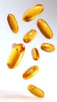 Floating golden omega-3 fish oil capsules against white background, soft lighting highlights translucent gel supplements falling in dynamic arrangement.