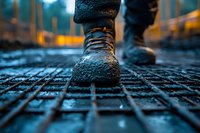 Close-up of wet leather boots on metal grating during rainy evening, with moody blue urban lighting and water droplets creating atmospheric street scene.