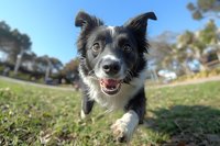 Happy Border Collie mix dog running towards camera in park setting with bright blue sky, green grass and trees. Close up portrait shows joyful expression.