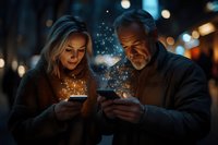 Mature couple using smartphones outdoors at night with magical glowing light effects and bokeh, wearing warm winter coats in urban setting.