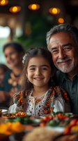 Hispanic senior man with gray beard and young girl in traditional dress share warm smiles at family dinner gathering with festive table setting and bokeh lights.