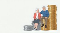 Senior couple sitting on stacks of golden coins representing retirement savings and financial security for elderly planning future.