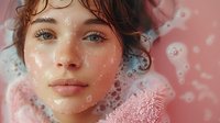 Dreamy beauty portrait of young woman with natural makeup and glowing dewy skin against pink background with ethereal water drops and soft focus effects.