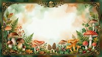 Watercolor forest frame with mushrooms, ferns, and berries on vintage ornate border, copy space for text, greeting card or invitation design.