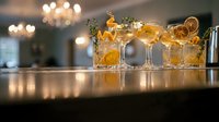 Three elegant cocktail glasses filled with golden drinks garnished with dried orange slices and herbs on polished bar counter in upscale restaurant setting.