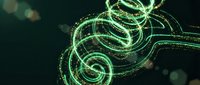 Glowing green spiral nematode worms with sparkling particles on dark background, suitable for scientific, medical, and educational presentations.
