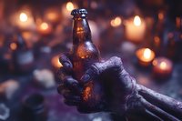 Zombie hand holding brown glass bottle against blurred candlelight background, spooky Halloween party atmosphere with dramatic lighting and bokeh effects.