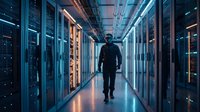 IT professional walking through modern data center corridor with server racks and blue lighting for technology and cloud computing concepts.